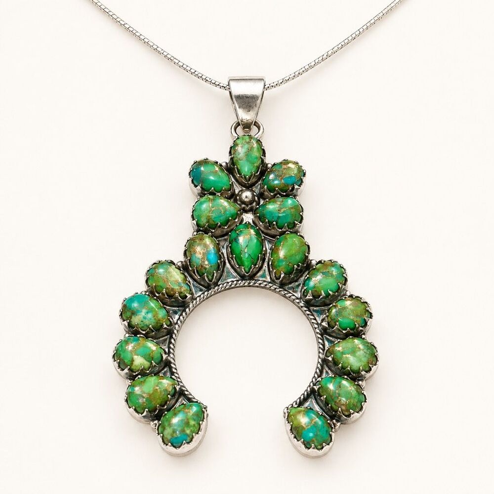 Green Turquoise Naja Pendant Necklace Silver Cluster Horseshoe Boho Western